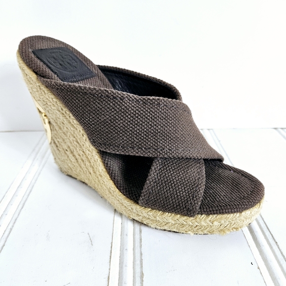 Tory Burch Kristen Espadrille Wedge Sandals Womens 7 Brown Canvas Platform Shoes - Picture 1 of 16